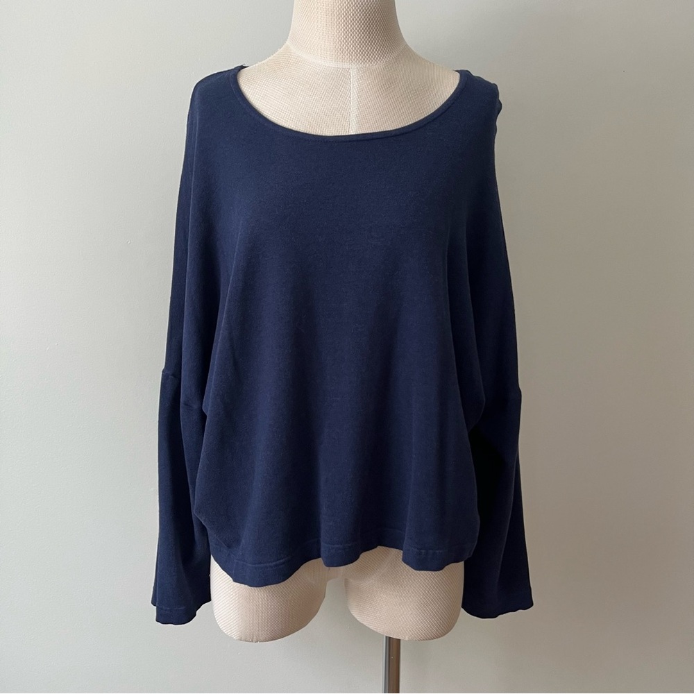 Bryn Walker Oversized Long Sleeve Knit Top Blue Boxy Fit Lagenlook Bamboo